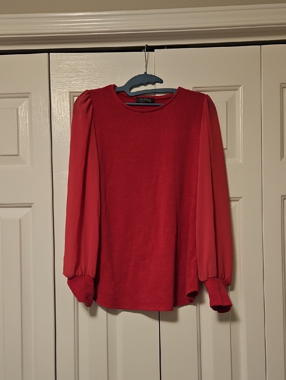Mr. Max  Fuscia Puff Sleeve Long-knit Top with Sheer Sleeves